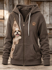 Women's Peeking Shih Tzu Dog & Paw Prints Zipper Contrast Print Full Zip Hoodie gracestitchs