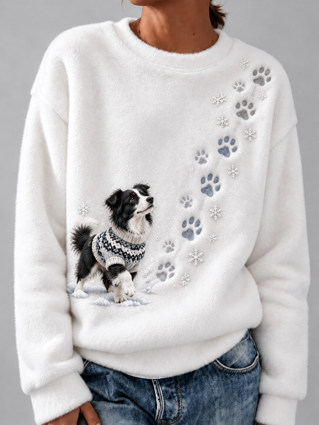 Women's Winter snowy Border Collie Pattern Causal Flannel Sweatshirt gracestitchs