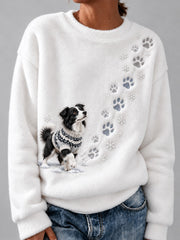 Women's Winter snowy Border Collie Pattern Causal Flannel Sweatshirt gracestitchs
