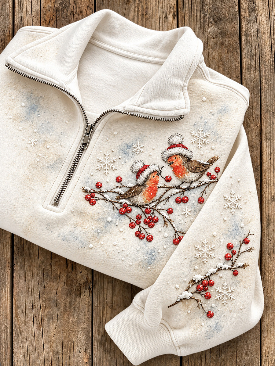 Women's Snowy Winter Robin On Branch Print Casual Half-Zip Sweatshirt gracestitchs