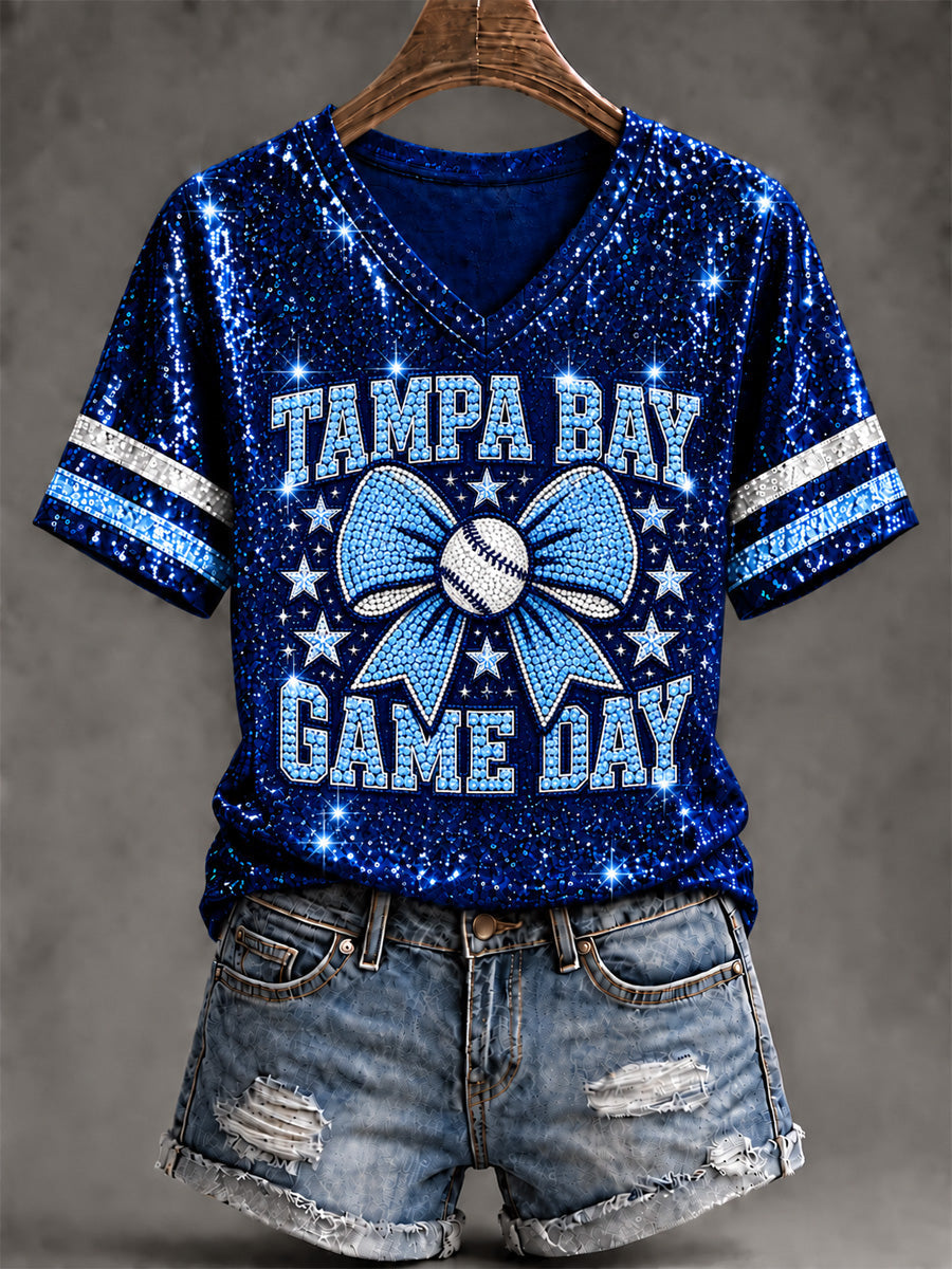 Women's Tampa Bay Baseball Lover Print V-Neck Tee gracestitchs