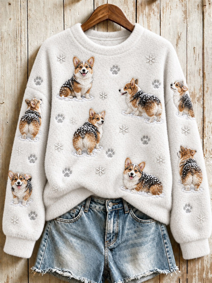 Women's Snowy Winter Corgi Dogs in the Snow Print Flannel Sweatshirt gracestitchs
