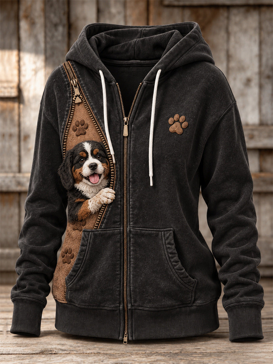 Women's Peeking Bernese Mountain Dog & Paw Prints Zipper Contrast Print Full Zip Hoodie gracestitchs