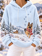 Women's Cute Winter German Shepherd Print Dog Lovers Casual Flannel Hoodie gracestitchs