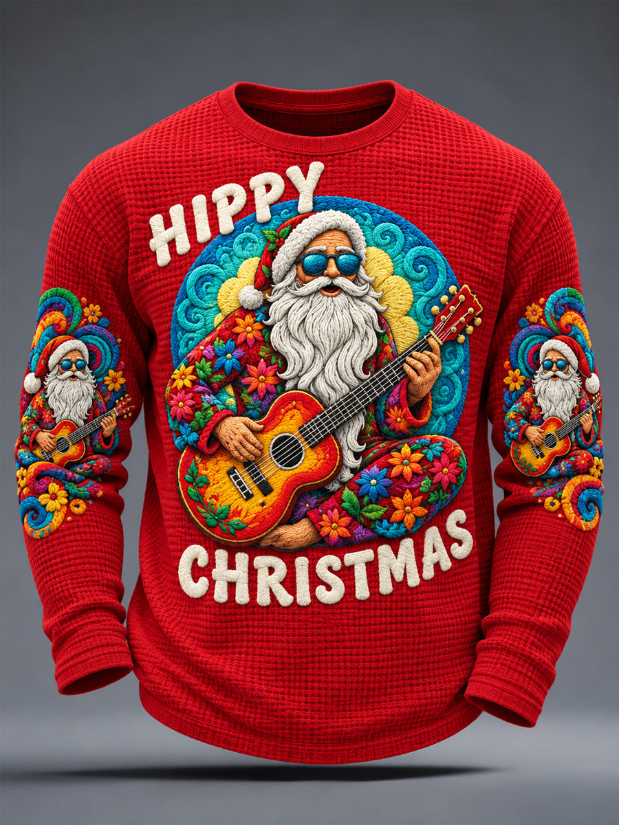 Men's Hippy Christmas Santa Claus Print Casual Waffle Long Sleeve T-Shirt gracestitchs