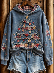 Women's Retro Christmas Tree Patchwork Pattern Design Casual Hoodie gracestitchs