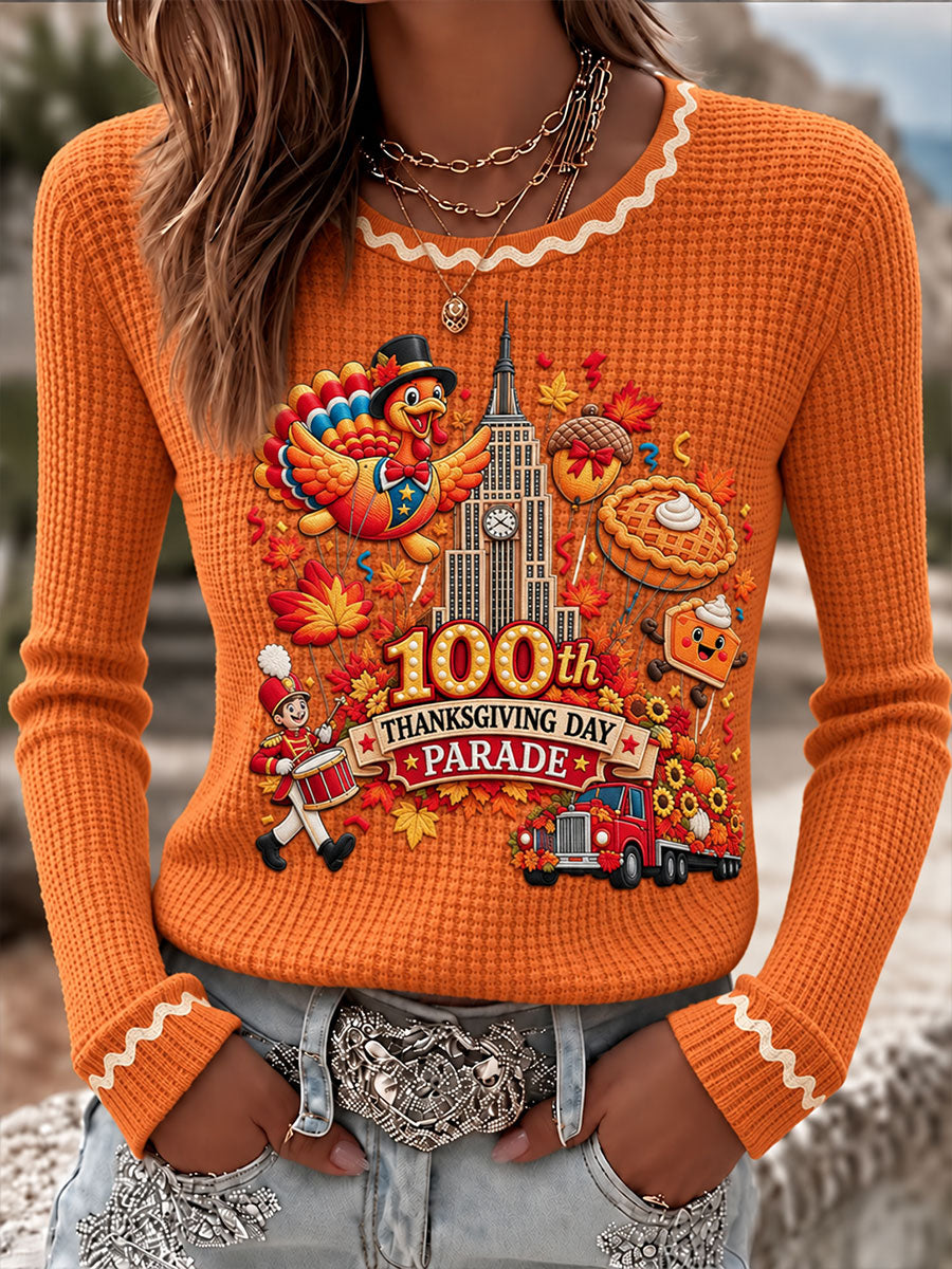Women's Thanksgiving Parade Print Casual Waffle T-shirt gracestitchs