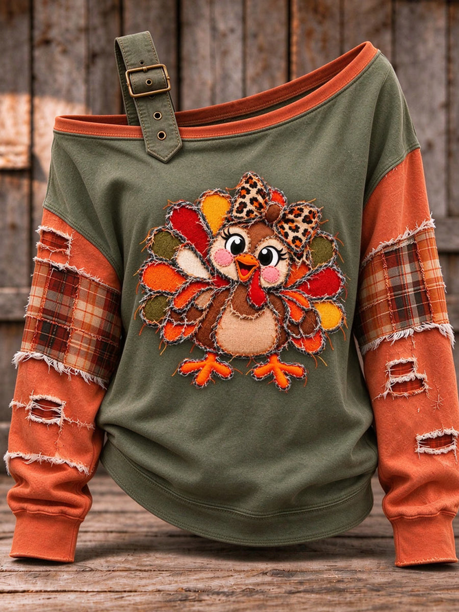 Women's Cute Thanksgiving Turkey Face Art Casual Off-Shoulder Sweatshirt gracestitchs