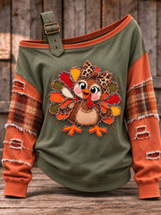 Women's Cute Thanksgiving Turkey Face Art Casual Off-Shoulder Sweatshirt gracestitchs
