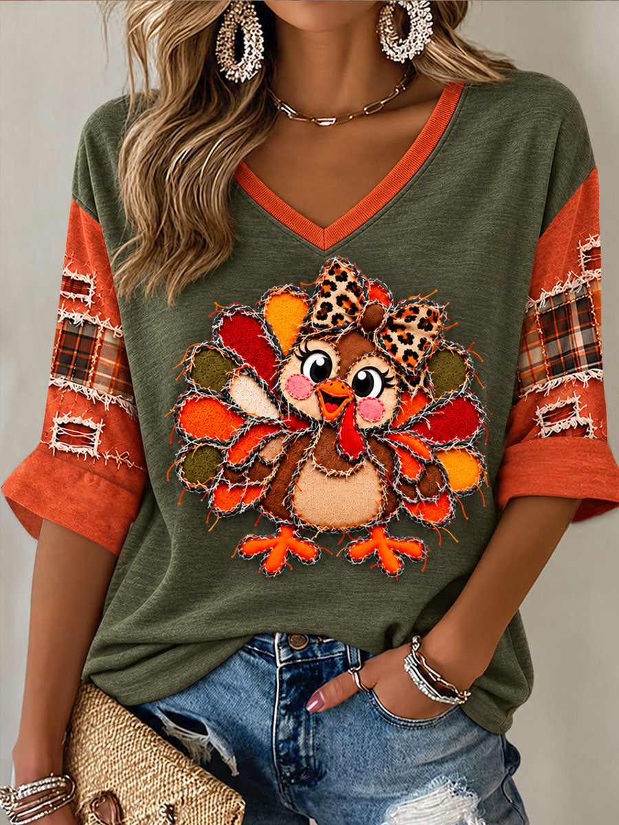 Women's Cute Thanksgiving Turkey Face Art Mid-length Sleeves V-Neck T-Shirt gracestitchs