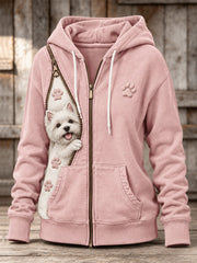 Women's Peeking Westie Dog & Paw Prints Zipper Contrast Color Print Full Zip Hoodie gracestitchs