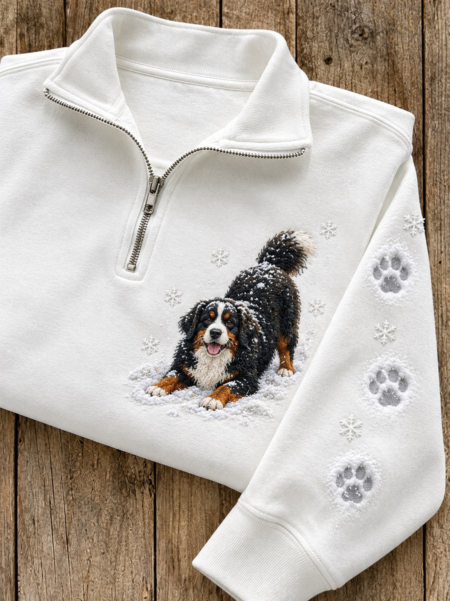 Women's Snowy Winter Bernese Mountain Dog In the Snow Print Zip Up Sweatshirt gracestitchs