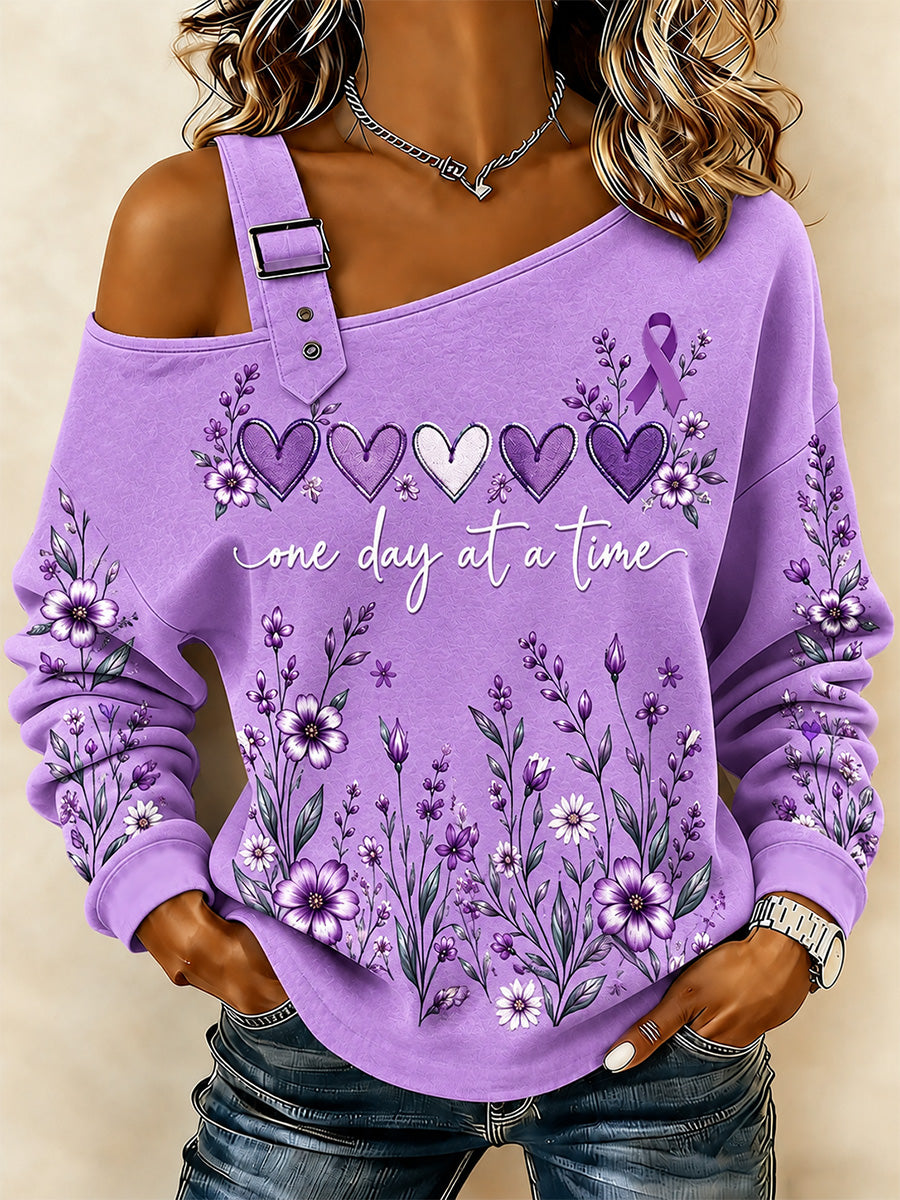 Women's Purple Floral & Alzheimer's Awareness Support Print Casual Off-Shoulder Sweatshirt gracestitchs
