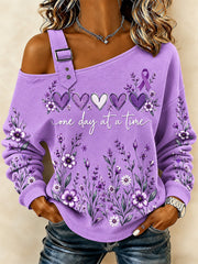 Women's Purple Floral & Alzheimer's Awareness Support Print Casual Off-Shoulder Sweatshirt gracestitchs