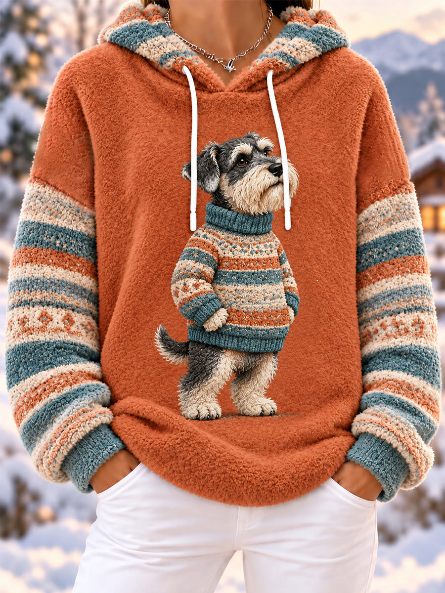 Women's Cute Winter Schnauzer Print Dog Lovers Casual Flannel Hoodie gracestitchs