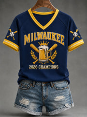 Women's Won Our Way 2026 Baseball Champions Gift For Baseball Fans Print V-Neck Tee gracestitchs