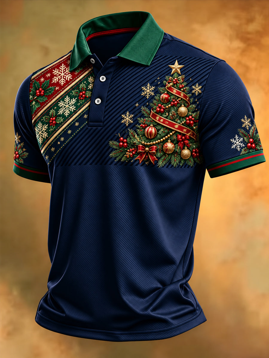 Men's Christmas Tree Print Casual Polo Shirt gracestitchs