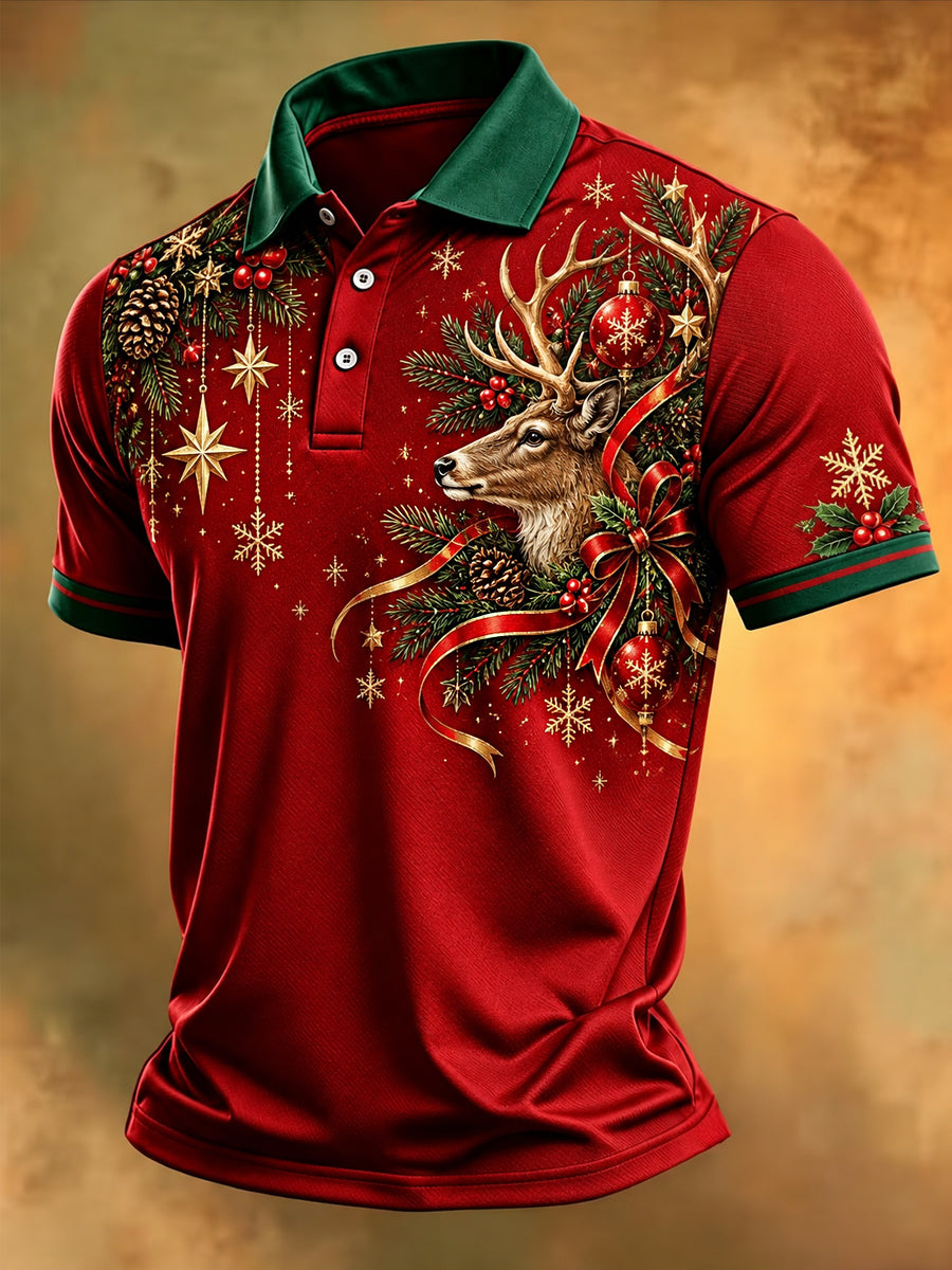 Men's Christmas Reindeer Print Casual Polo Shirt gracestitchs