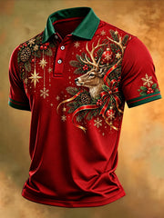 Men's Christmas Reindeer Print Casual Polo Shirt gracestitchs