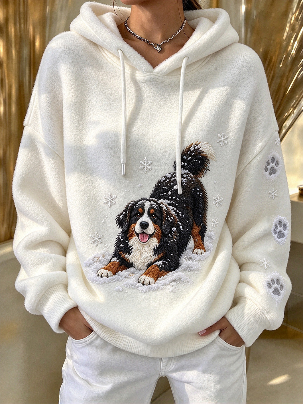 Women's Winter Bernese Mountain Dog Pattern Causal Flannel Hoodie gracestitchs