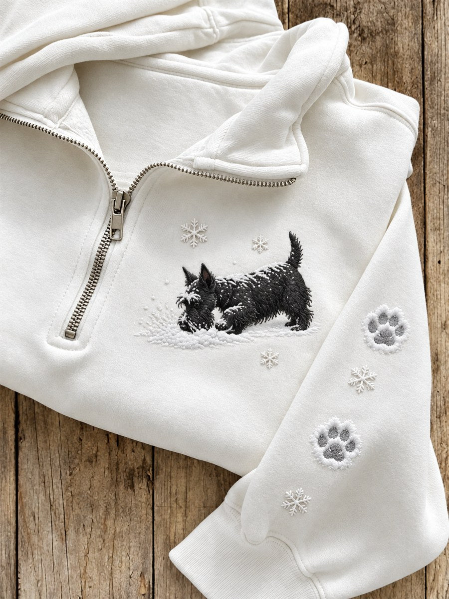 Women's Snowy Winter Scottish Terrier Dog in the Snow Print Zip Up Sweatshirt gracestitchs