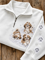 Women's Winter Shih Tzus Pattern Causal Half-Zip Sweatshirt gracestitchs