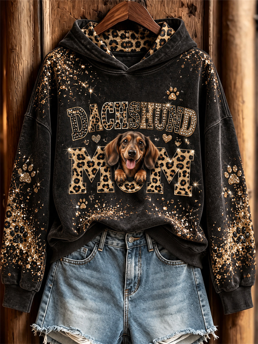 Women's Dachshund Mom Peeking Dog Glitter Leopard Print Hoodie gracestitchs