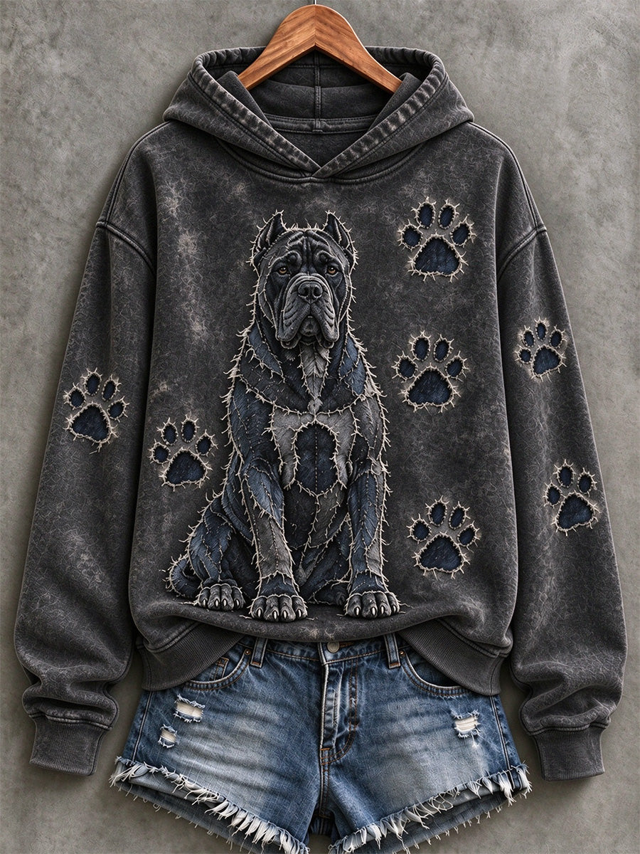 Women's Cane Corso & Paw Prints Patchwork Print Casual Hoodie gracestitchs
