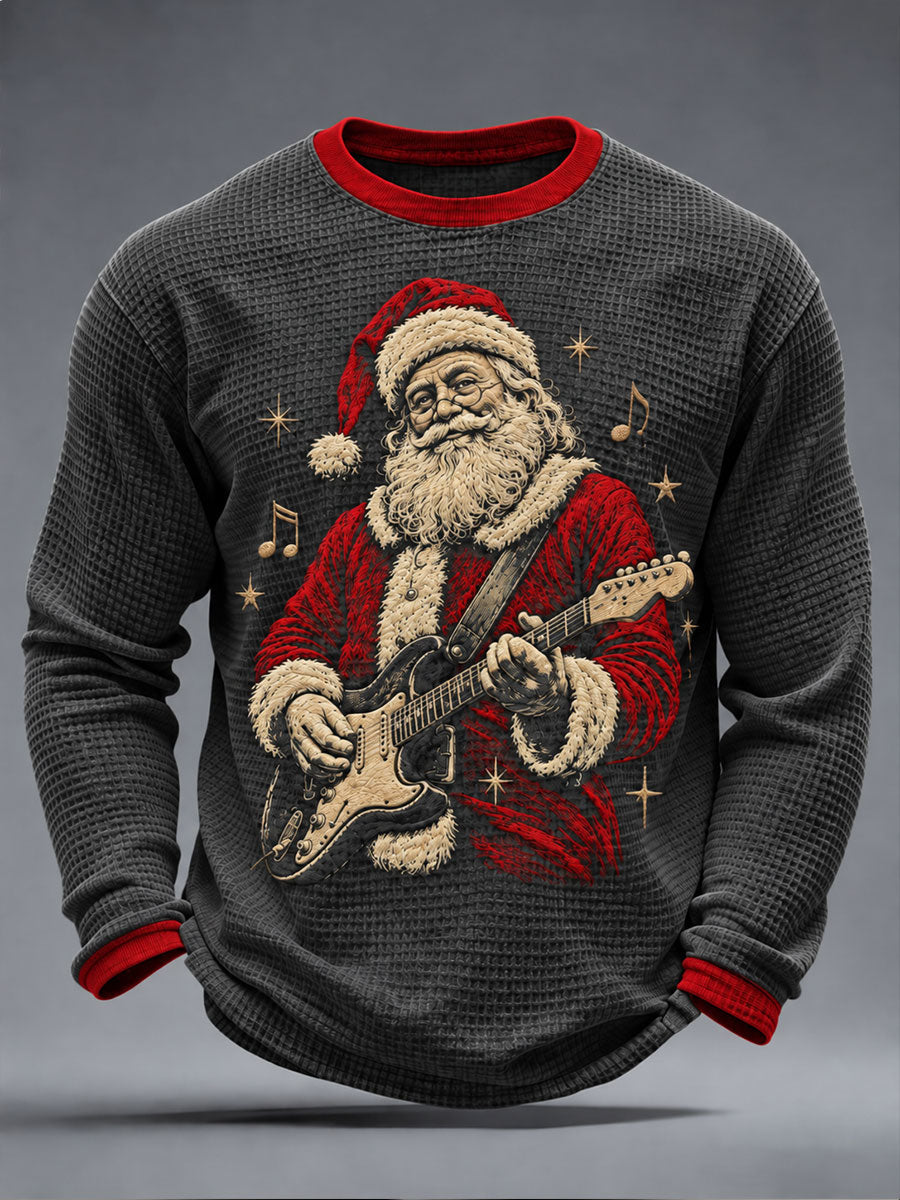 Men's Guitar Rock Santa Print Waffle Long Sleeve T-Shirt gracestitchs