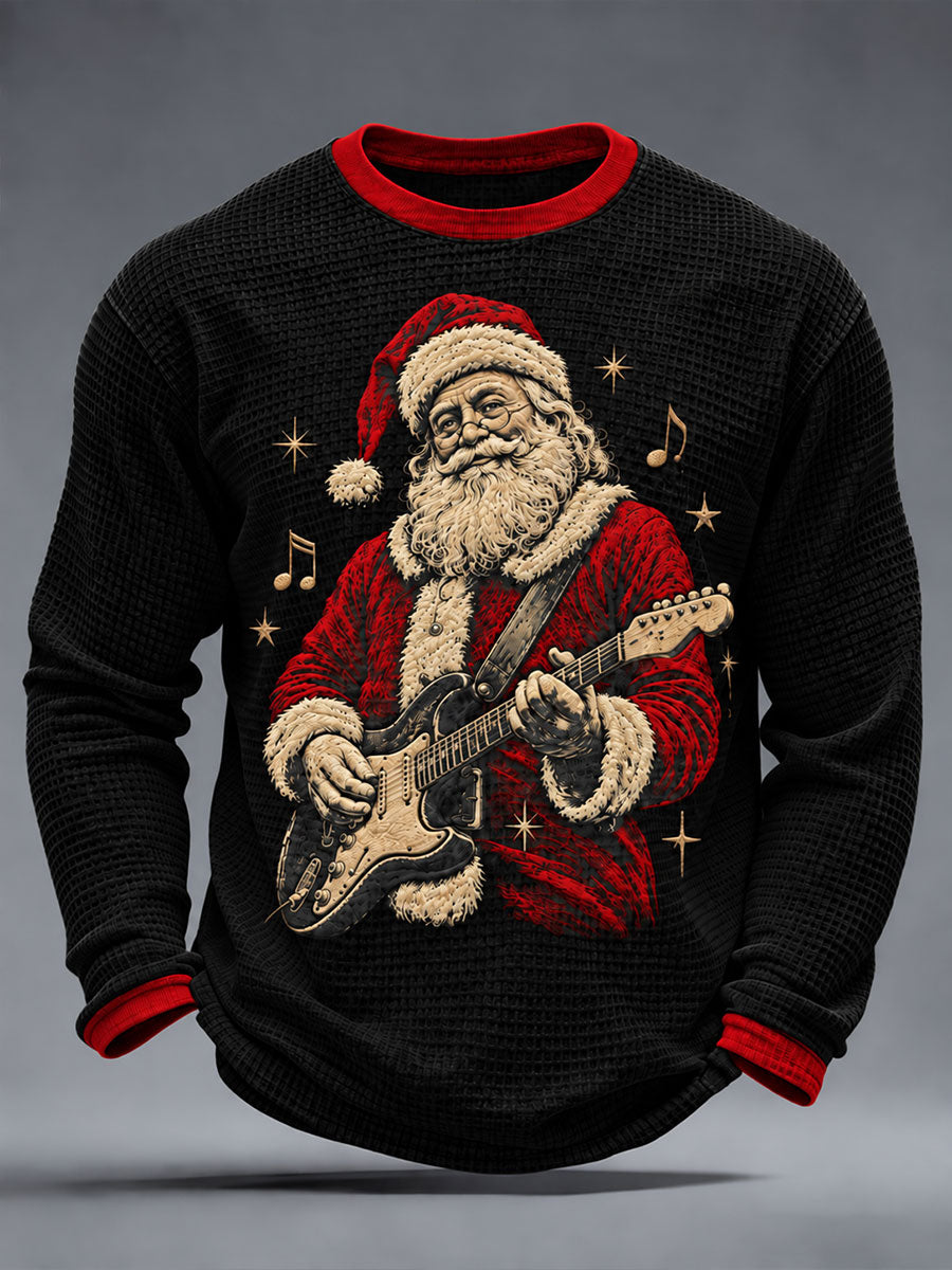Men's Guitar Rock Santa Print Waffle Long Sleeve T-Shirt gracestitchs