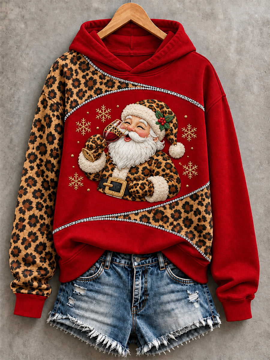 Women's Leopard Santa Claus And Beer Print Sweatshirt gracestitchs