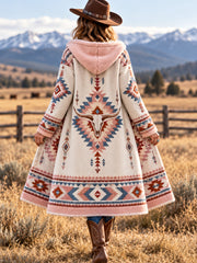 Women's Western Aztec Bull Skull Print Casual Long Flannel Cardigan gracestitchs