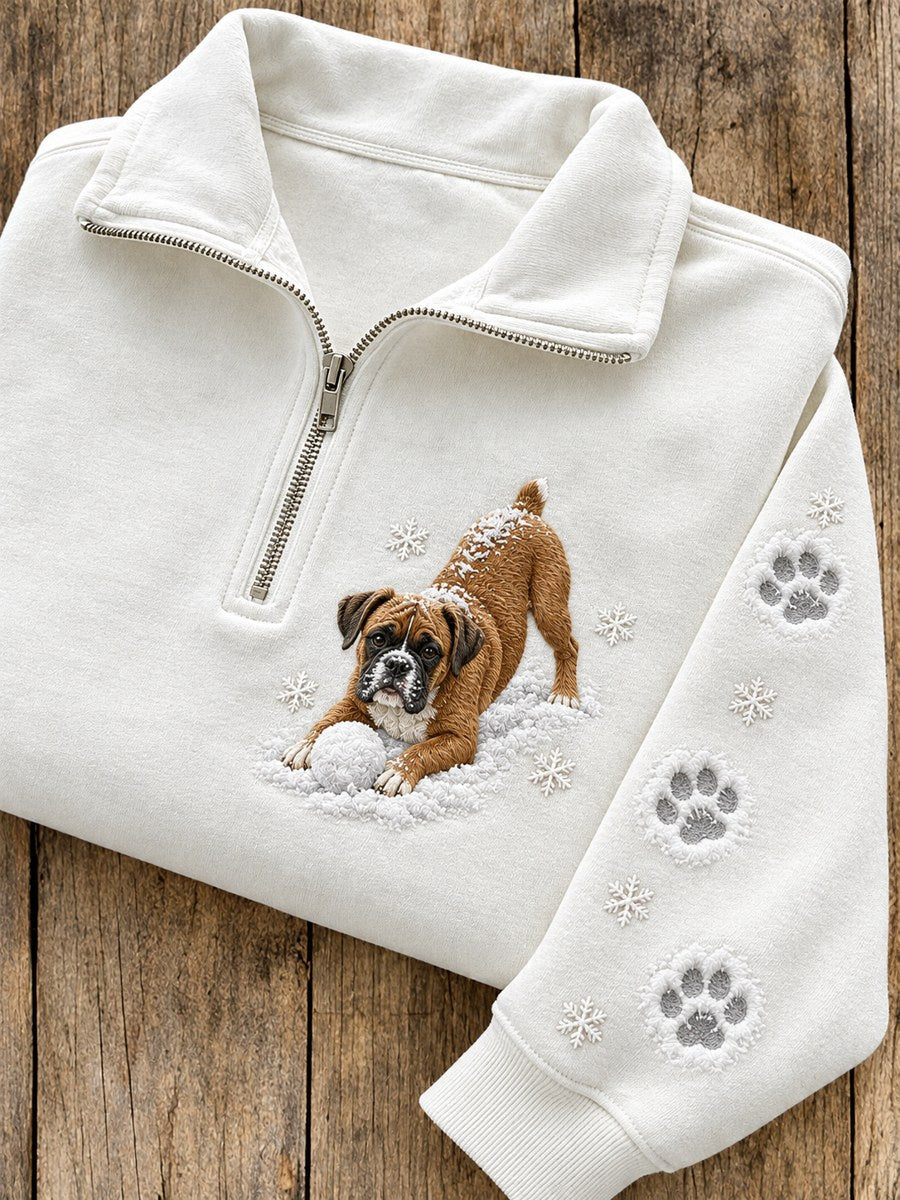 Women's Snowy Winter Boxer Dog in the Snow Print Zip Up Sweatshirt gracestitchs