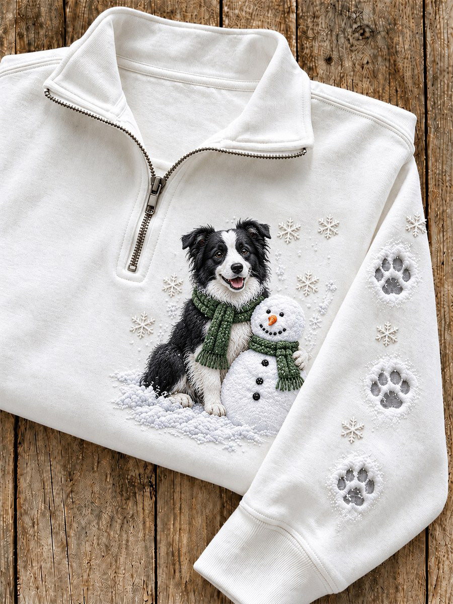 Women's Snowy Winter Border Collie & Snowman In the Snow Print Zip Up Sweatshirt gracestitchs
