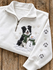 Women's Snowy Winter Border Collie & Snowman In the Snow Print Zip Up Sweatshirt gracestitchs