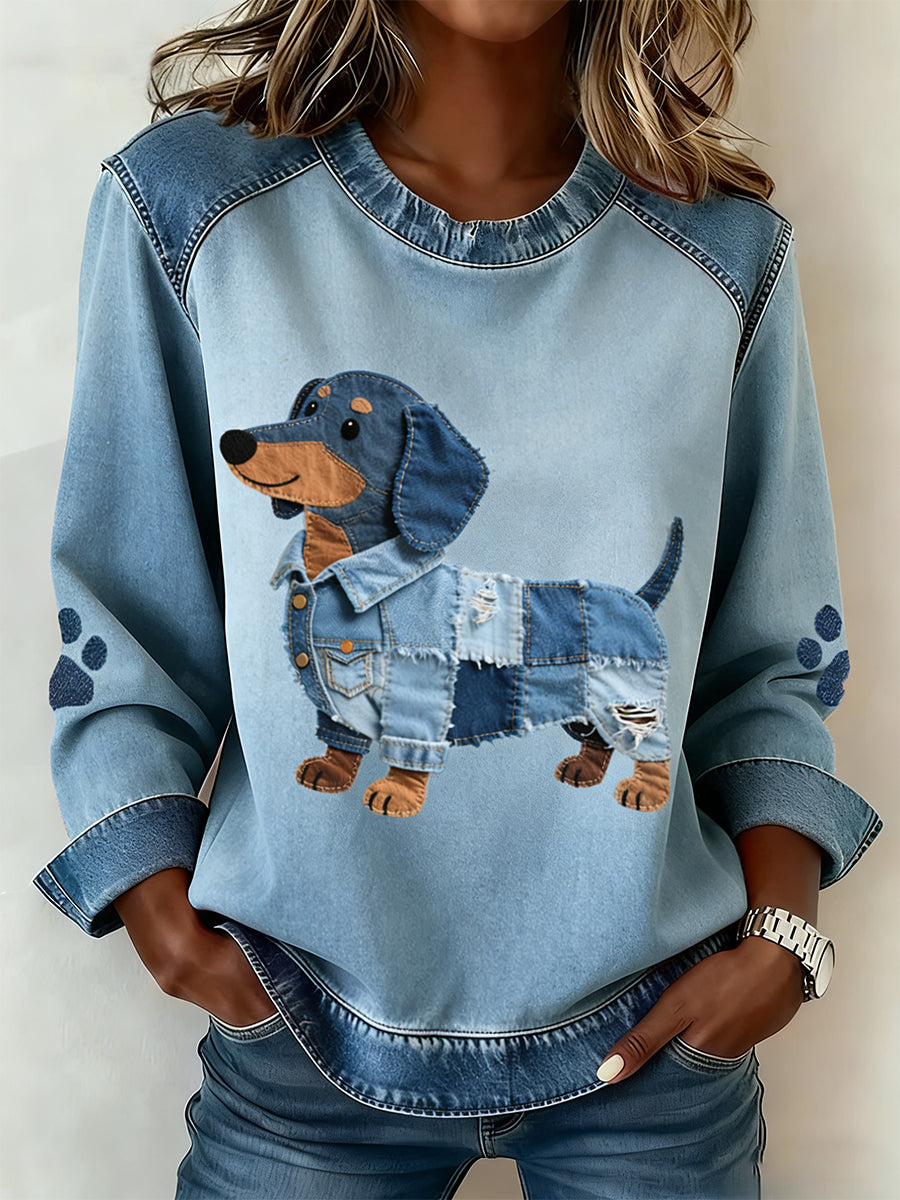 Women's Dachshund Pattern Denim Patchwork Art Sweatshirt gracestitchs