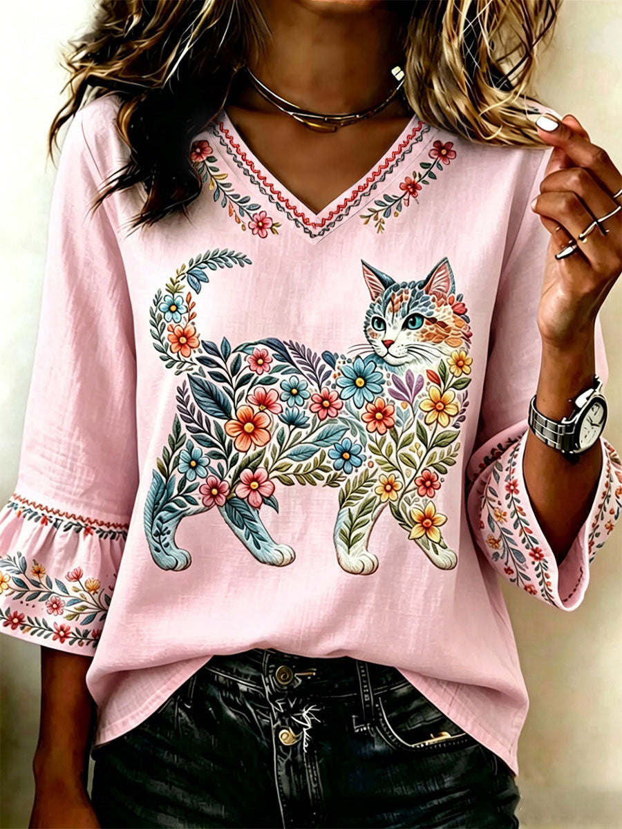 Women's Floral Cats Print Casual Top gracestitchs