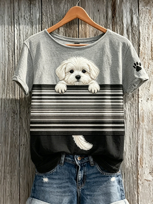 Women's Peeking Maltese Dog Colorblock Print short-sleeved T-shirt gracestitchs