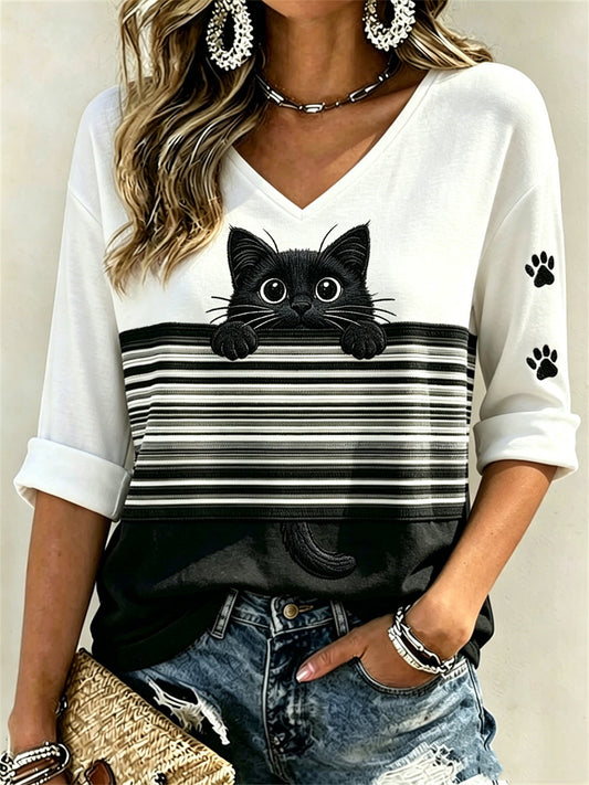 Women's Peeking Black Cat & Paw Prints Colorblock Print Mid-length Sleeves V-Neck T-Shirt gracestitchs