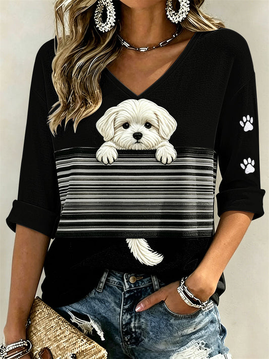 Women's Peeking Maltese Dog & Paw Prints Colorblock Print Mid-length Sleeves V-Neck T-Shirt gracestitchs