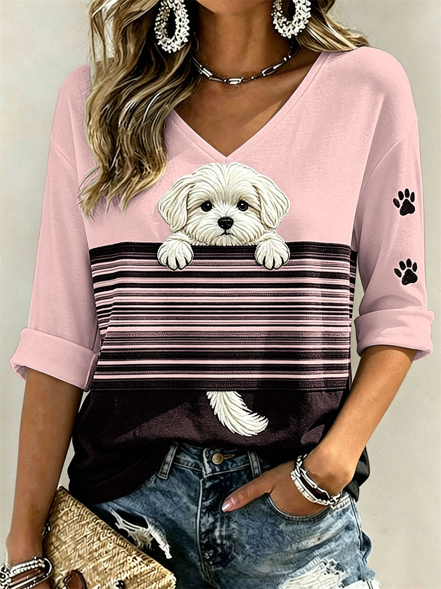 Women's Peeking Maltese Dog & Paw Prints Colorblock Print Mid-length Sleeves V-Neck T-Shirt gracestitchs