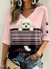 Women's Peeking Maltese Dog & Paw Prints Colorblock Print Mid-length Sleeves V-Neck T-Shirt gracestitchs