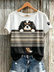 Women's Peeking King Charles Spaniel Dog & Paw Print Colorblock Print short-sleeved T-shirt gracestitchs