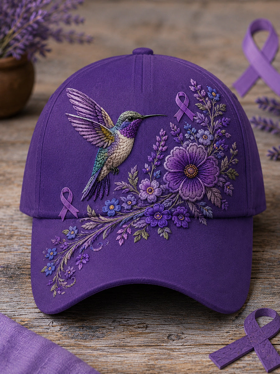 Unisex Purple Floral & Hummingbird Print Alzheimer's Awareness Support Hat gracestitchs