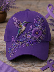 Unisex Purple Floral & Hummingbird Print Alzheimer's Awareness Support Hat gracestitchs