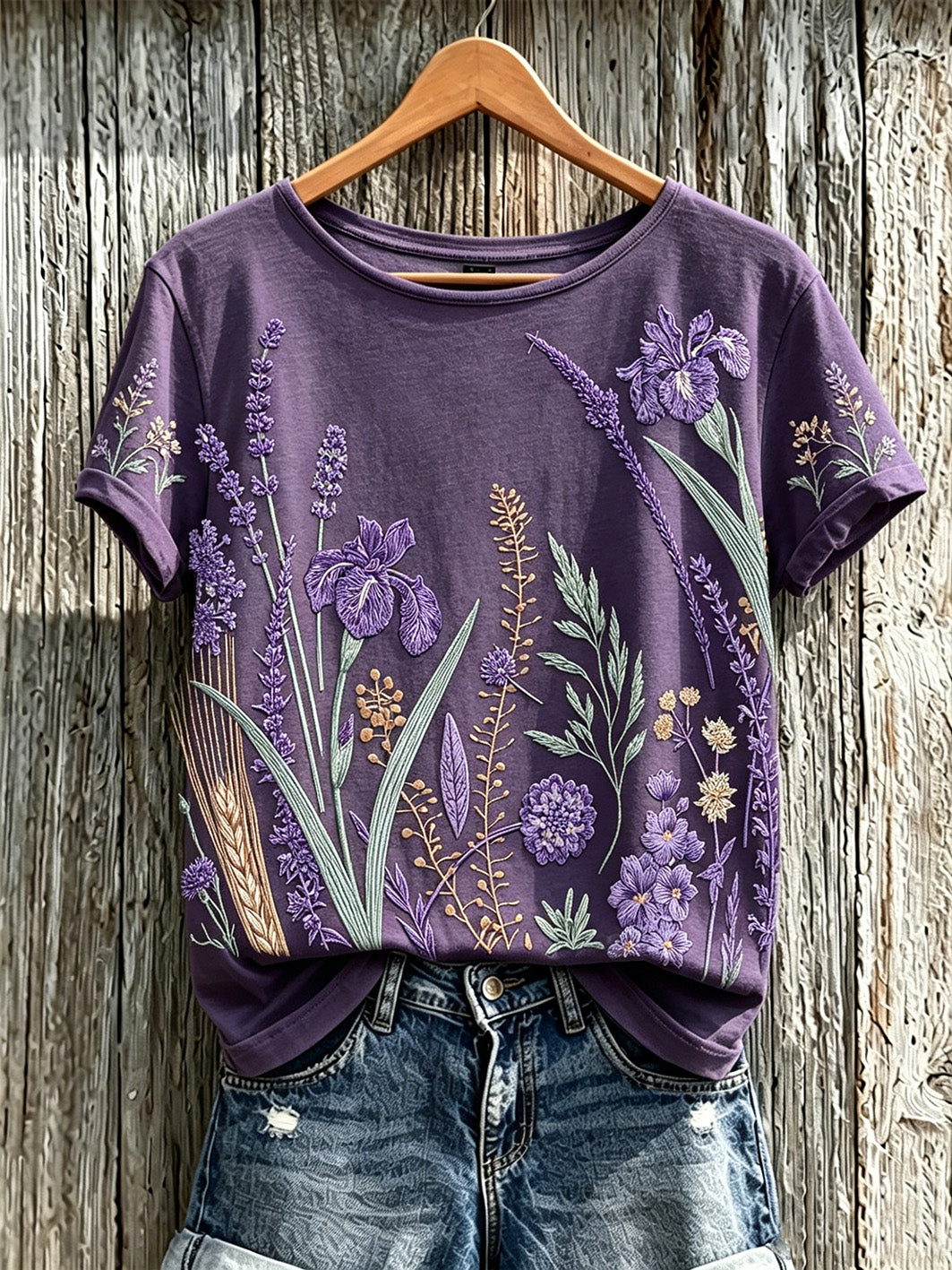 Women's purple plant flower pattern printed casual T-shirt gracestitchs