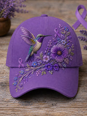 Unisex Purple Floral & Hummingbird Print Alzheimer's Awareness Support Hat gracestitchs