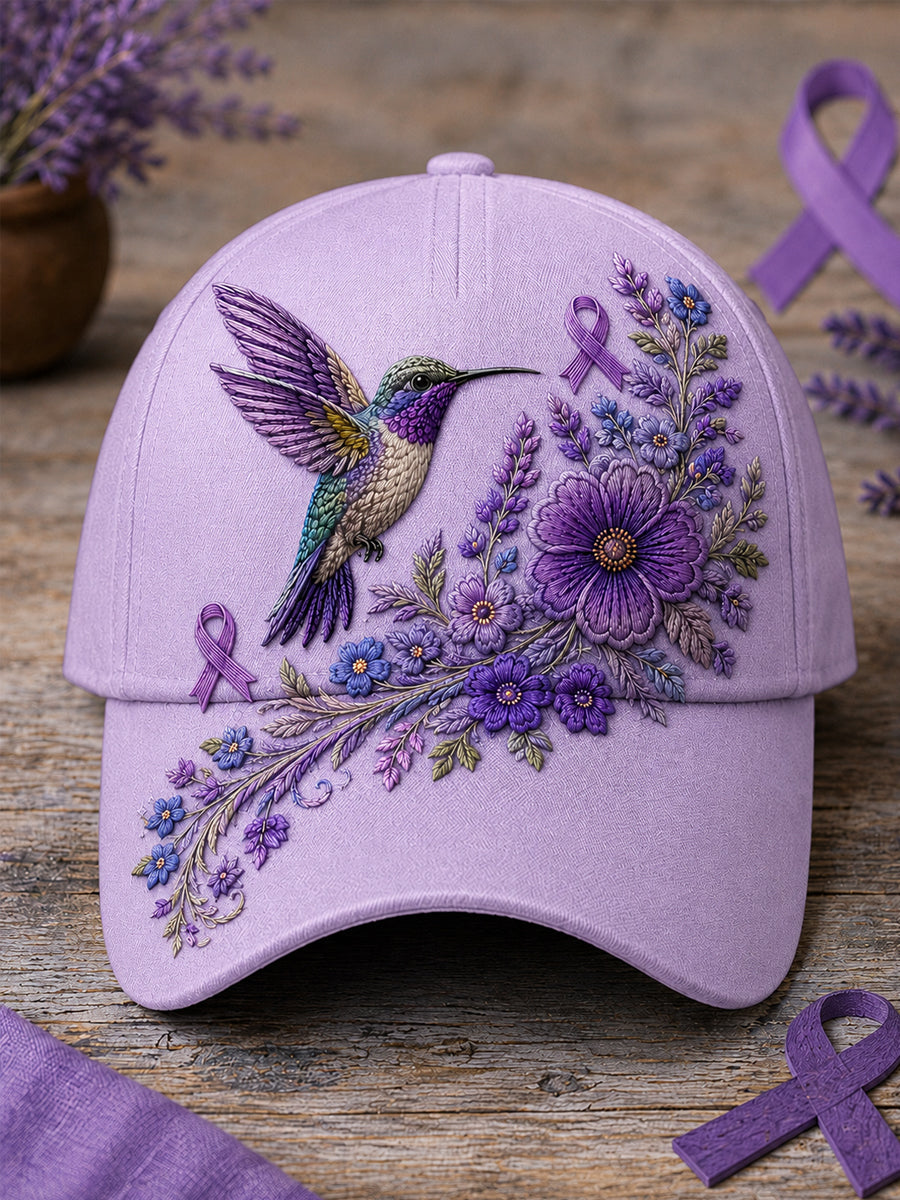 Unisex Purple Floral & Hummingbird Print Alzheimer's Awareness Support Hat gracestitchs