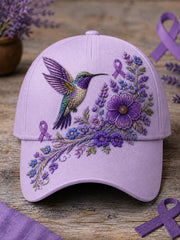 Unisex Purple Floral & Hummingbird Print Alzheimer's Awareness Support Hat gracestitchs