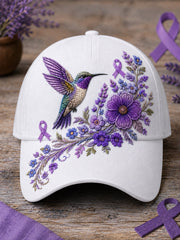 Unisex Purple Floral & Hummingbird Print Alzheimer's Awareness Support Hat gracestitchs